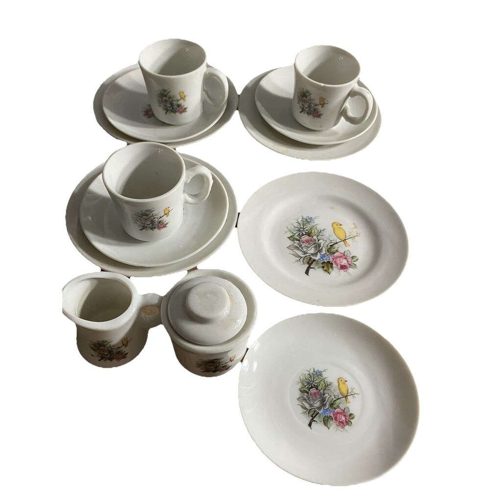 Kids Tea Party Set 3 Porcelain Floral Yellow Bird Cups Saucers Play Vintage